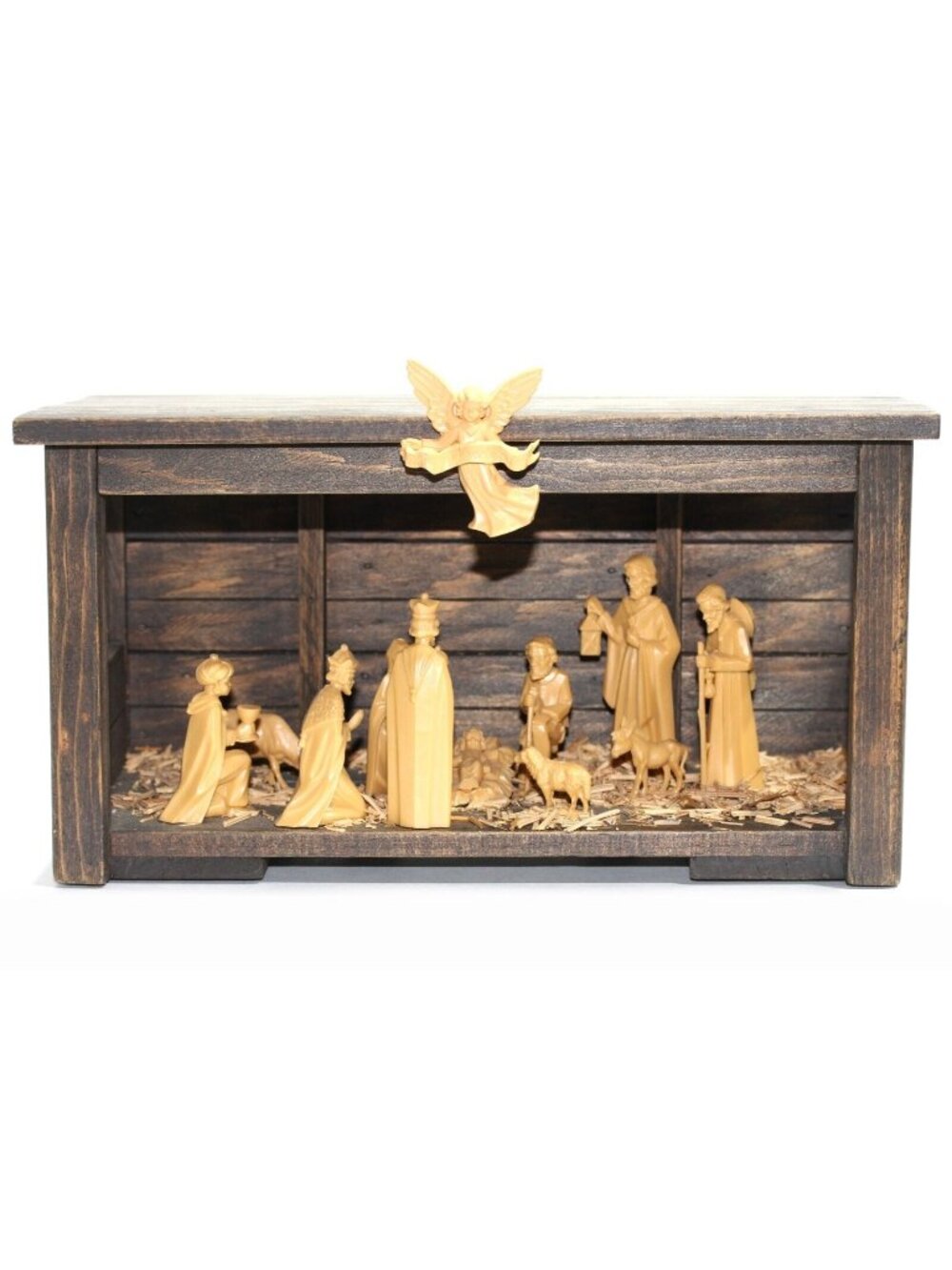 OOAK Vintage 1970's Creche Nativity Set 12 Piece and Stable and Straw